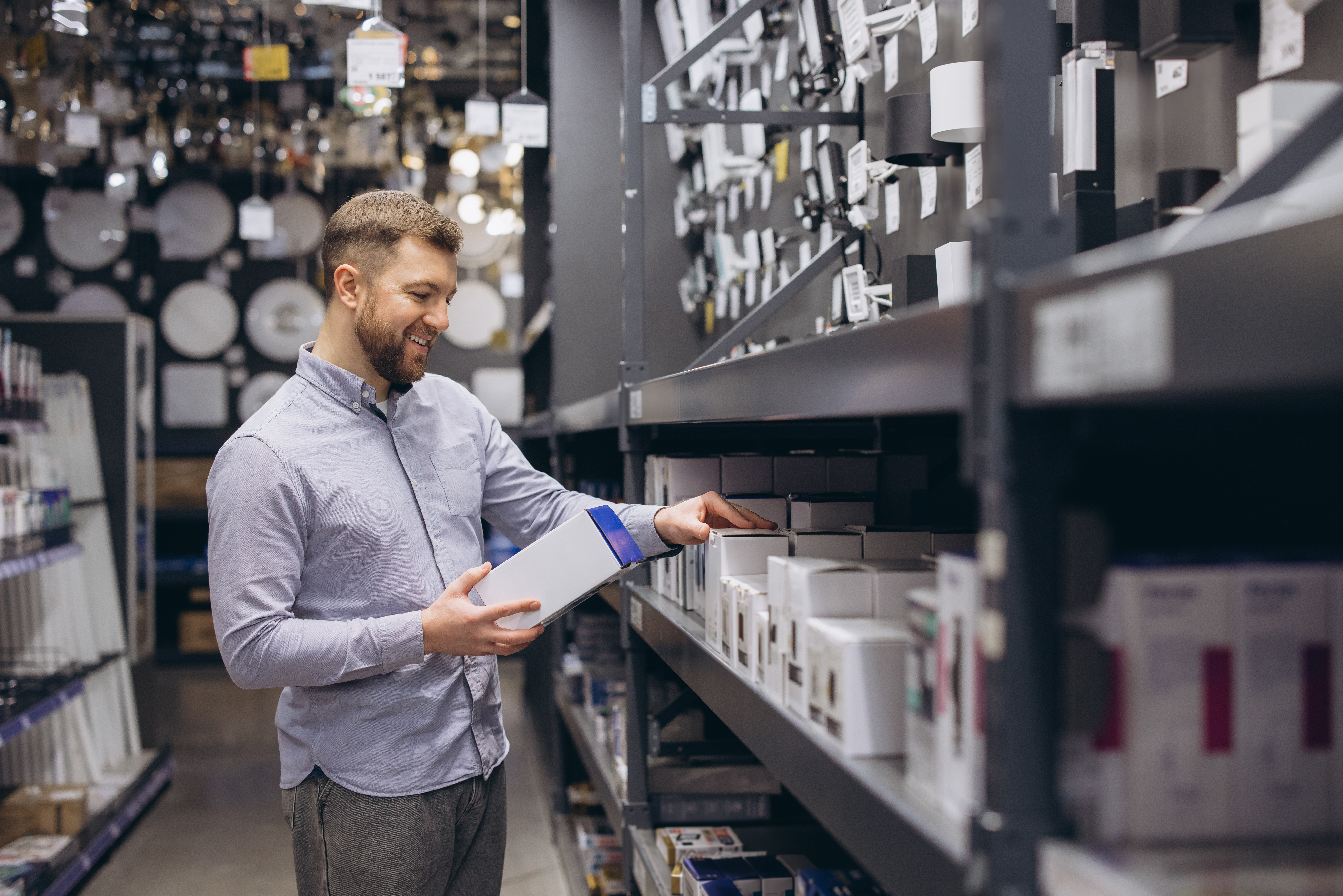 Happy man shopping in hardware store choosing lighting fixtures for home improvement, comparing products on shelf, making purchase decision